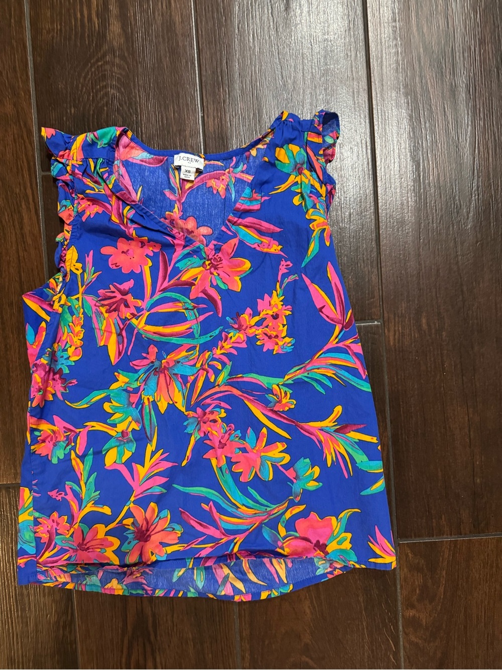 J. Crew Bright Blue Floral Ruffle Tank